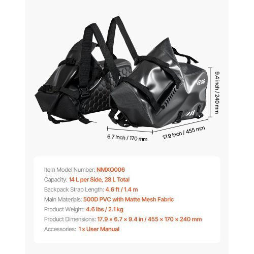 Vevor Motorcycle Saddle Side Bag 28lt in Black Colour