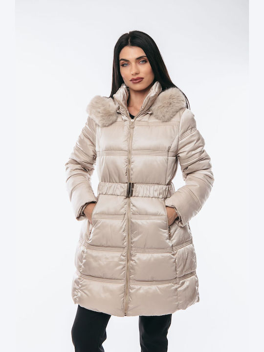 Women's Long Lifestyle Jacket for Winter with Detachable Hood Beige