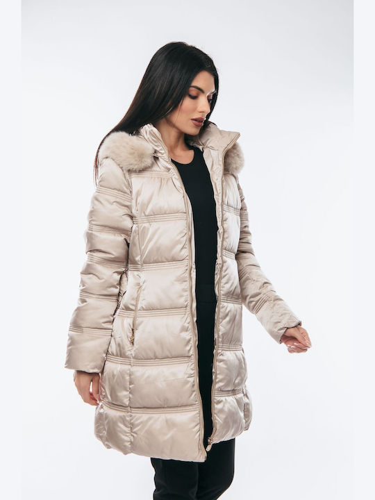 Women's Long Lifestyle Jacket for Winter with Detachable Hood Beige