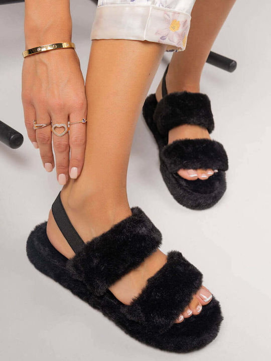 Black Fur Slippers Two Straps