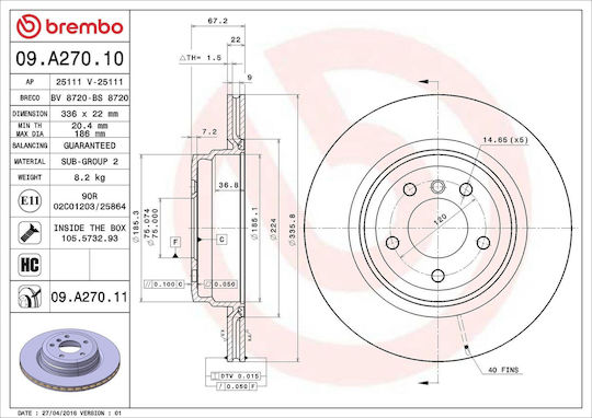 Disc de frână Brembo pentru Bmw 3 Cabriolet E93 09a27011