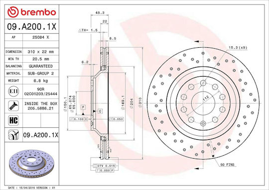 Диск за спирачки Audi A3 8p1 Brembo 09.a200.1x