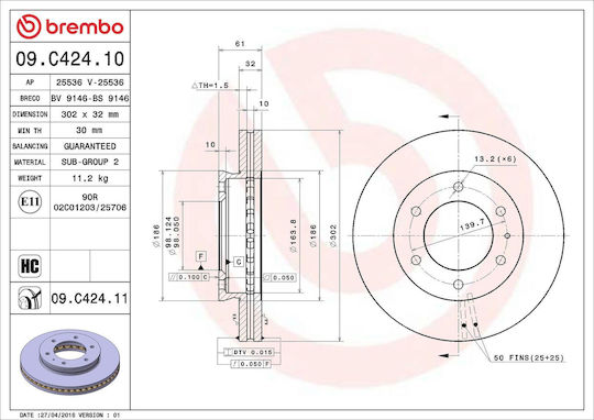 Front Brake Disc Right Left Brembo Ventilated Internal 302mm 6 Holes Ford Ranger 2.0d-3.2d 04.11