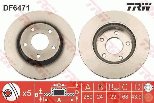 Front Brake Disc Right Left TRW Automotive Nissan Juke Pulsar Sentra Vii Teana III 280mm 5 Holes Ventilated Coated 24mm Thickness