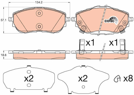 Front Disc Brake Pads Set Trw Automotive for Toyota Auris Corolla 1.2-1.8h 10.12-08.19 Height 57.1mm Width 134.2mm Thickness 18.6mm