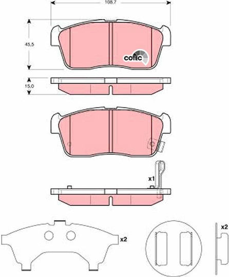 Set Plăcuțe de Frână Față Trw Auto Daihatsu Copen Sirion Suzuki Carry Ignis 0.7 1.3 1.5 03.00 Înălțime 45.5mm Lățime 108.7mm Grosime 15.0mm