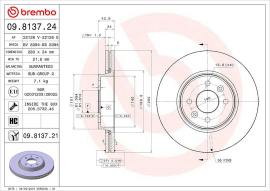 Brembo Discuri de frână Față 2buc pentru Renault Clio / Kangoo / Laguna / Megane / Paisaj / Twingo / Vânt