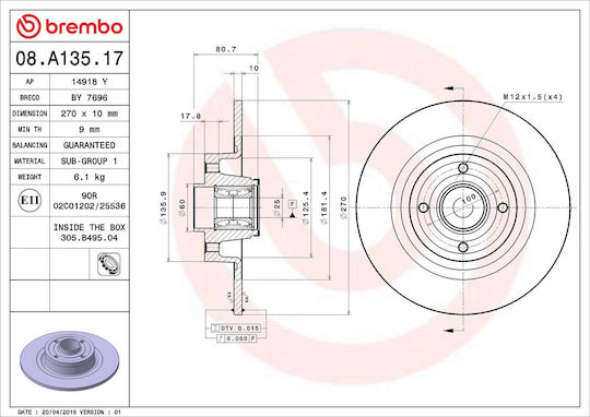 Disc de frână Brembo 08a13517 pentru Renault Megane II Combi KM0 1