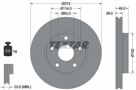 Textar Brake Disc Front Right Left Ventilated Internal Toyota Auris Corolla 1.33-1.8 273mm 5 Holes 114.3mm 06.04-07.14