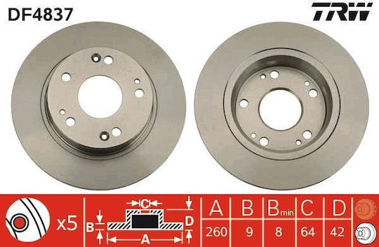 Trw Automotive Rear Brake Disc Right Left 260mm 5 Holes Honda Civic Viii Ix Great Wall C50