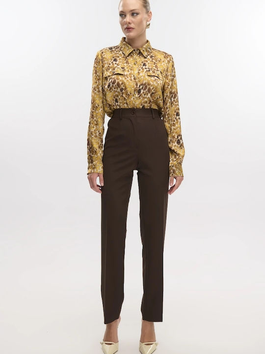 Dama Talie înaltă Tesatura Pantaloni cu Elastic cu Croială Normală Brown