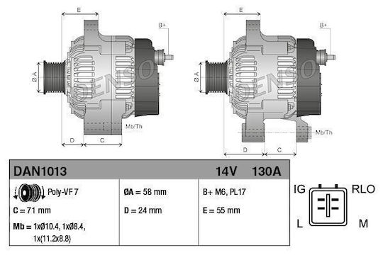Denso Car Alternator 14V 130A Lexus IS II Toyota Avensis Corolla Verso RAV 4 III Verso 2.0D 2.2D 05.08-10.18 58mm 7 Grooves