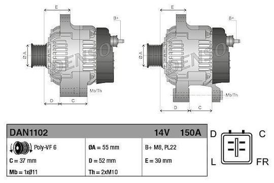 Denso Car Alternator 14V 150A Hyundai Grand Santa Fe Ix35 Santa Fe II III Kia Carnival III Sorento II Sportage III 2.0D 2.2D 09.01-11.18