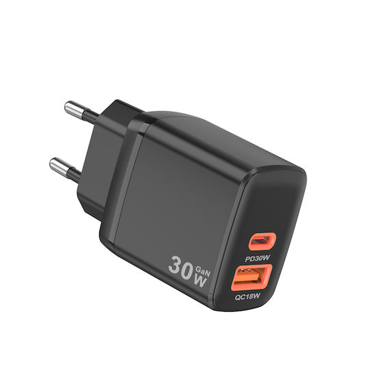 Techsuit Charger Without Cable GaN with USB-A Port and USB-C Port 30W Power Delivery Blacks (CH1)