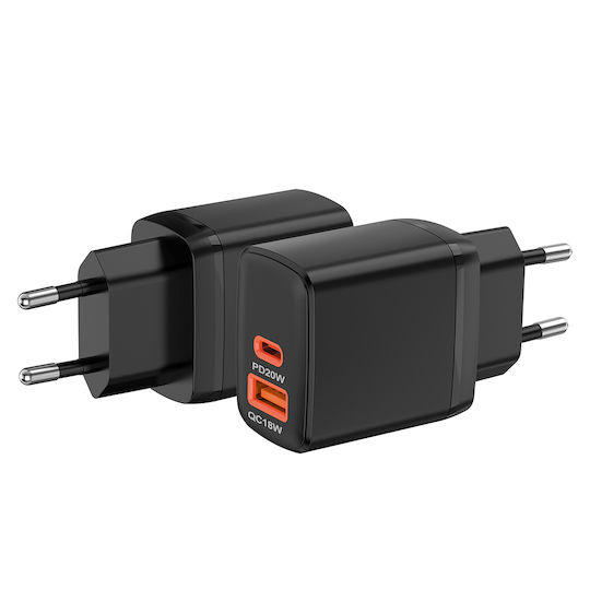 Techsuit Ladegerät ohne Kabel GaN mit USB-A Anschluss und USB-C Anschluss 20W Schwarzs (CH2)