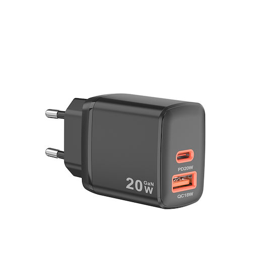 Techsuit Ladegerät ohne Kabel GaN mit USB-A Anschluss und USB-C Anschluss 20W Schwarzs (CH2)