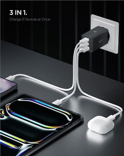 Spigen Φορτιστής Χωρίς Καλώδιο με Θύρα USB-A και 2 Θύρες USB-C 67W Power Delivery Μαύρος (Essential)