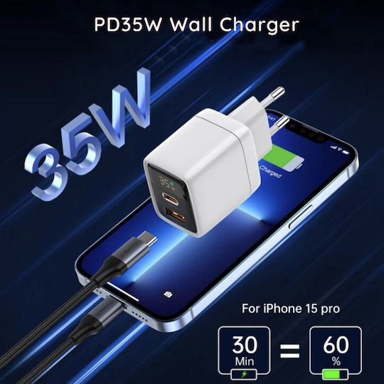 Techsuit Charger Without Cable GaN with USB-A Port and USB-C Port 35W Power Delivery Whites (CH3)