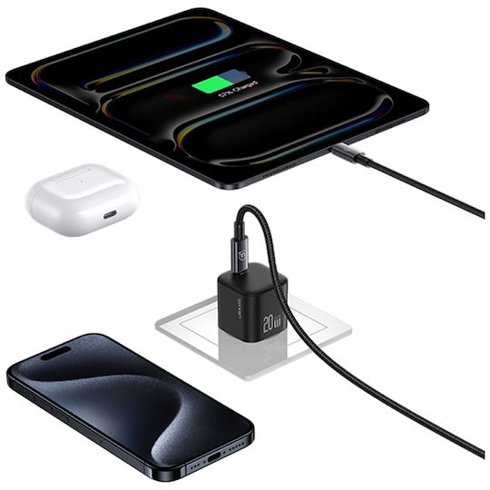 Usams Φορτιστής GaN με Θύρα USB-C και Καλώδιο USB-C - USB-C 20W Power Delivery Λευκός (CC260)