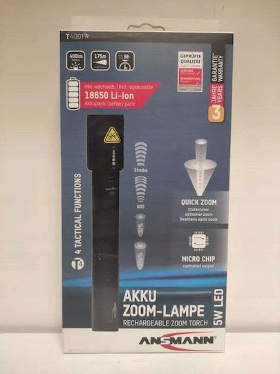 Ansmann Rechargeable Flashlight LED IPX4 with Maximum Brightness 400lm Future T400FR Black