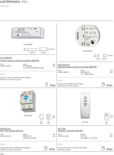 VK Lighting RF-CTRL Remote Control Controller για Master Dimmer 433,92MHz 1channel 12083-921002