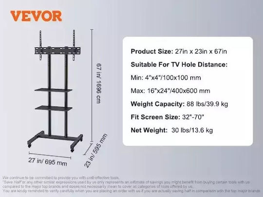 Vevor Mobile Tv Stand Adjustable Height Supports 23-60 Inch Tvs 32-70 In