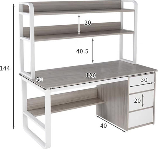 Desk Soco Wooden with Bookshelf Gray / White with Metal Legs 120x50x147cm