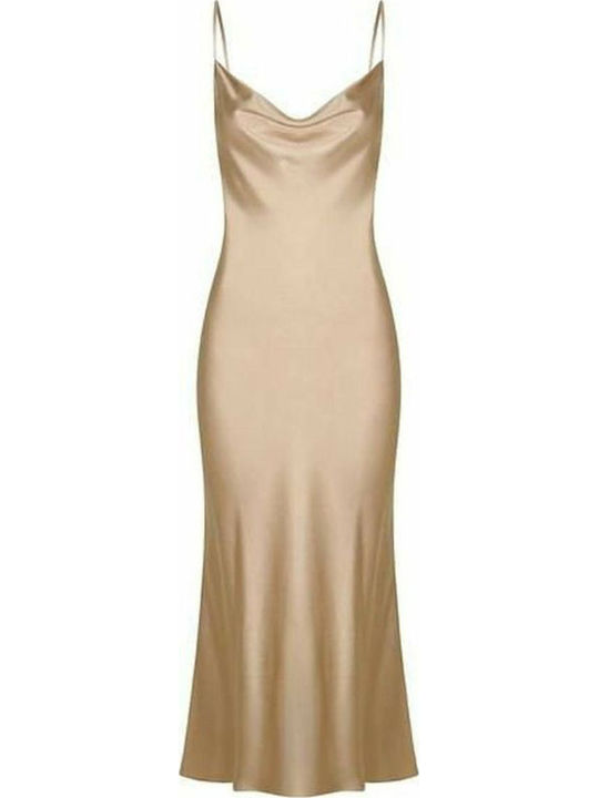Summer Maxi Evening Satin Drape Slip Dress with Tearing Beige
