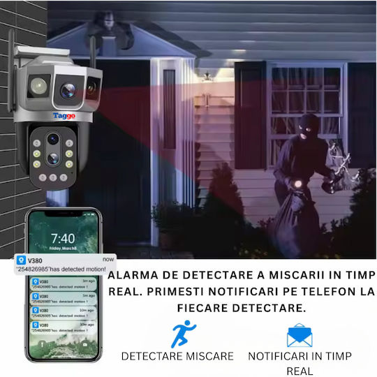 Taggo Camere de Supraveghere WiFi Cu 3 Lentile 6K 12MP Zoom Optic 10x Notificări Control prin Aplicație Urmărire Automată