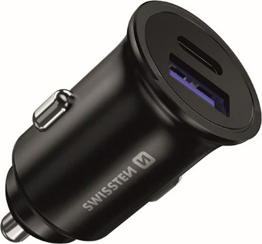 Swissten Зарядно за кола 36W Бързо Зареждане с Портове: 1xUSB 1xType-C Черен Цвят