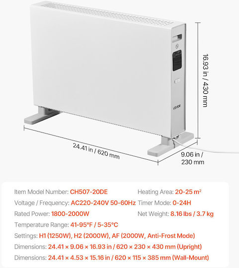 Vevor Convectoare pardoseală 2000W cu Termostat Electronic
