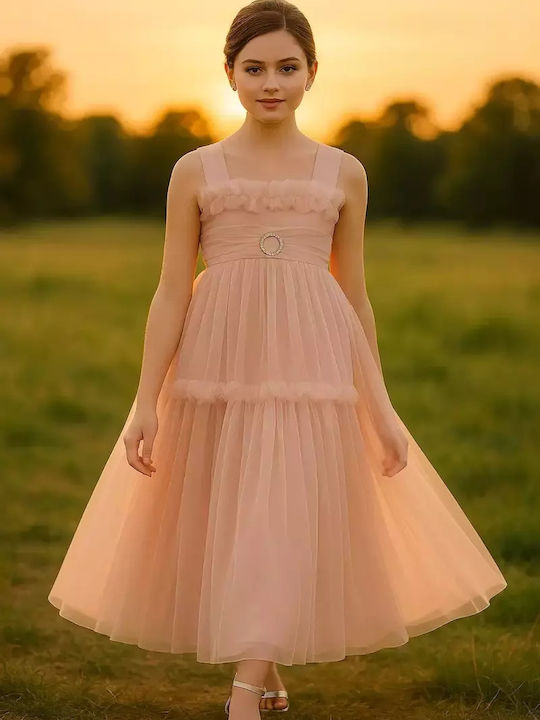 Girls Sleeveless Tulle Dress For Flower Girls Set with Accessories Pink