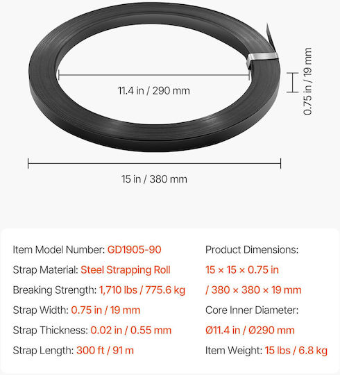 Vevor Durable Steel Tying Strip 19 Mm X 0.55 Mm X 91 M 1,710 Lbs Breaking Strength Bzkzdgd34inca7655001v0