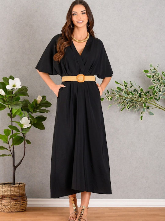 Summer Midi Dress Short Sleeve Wrap Black
