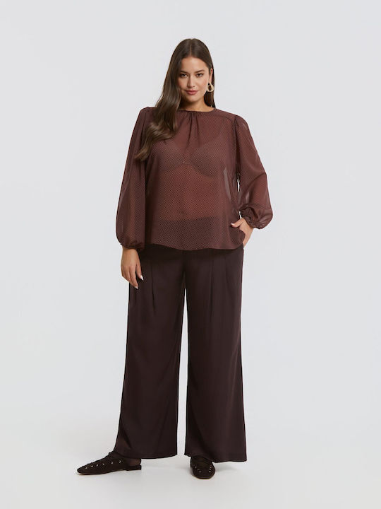 Women's Blouse with Mesh Polka Dot Brown