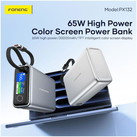 Foneng PX132 Power Bank 20000mAh 65W with USB-A Port and USB-C Port Silver