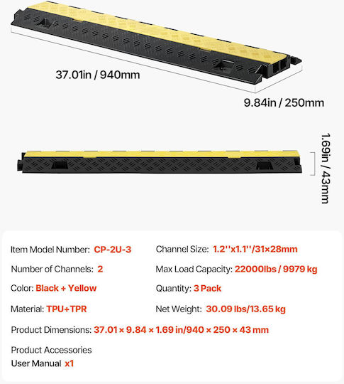 Vevor Cable Protection Ramp Capacity 9.979 Kg Per Axle 2 Channels Heavy Duty TPU Cable Cover Channel 31 x 28 mm Speed Bump Opening Cover Indoor & Outdoor Use Set of 3 Pieces