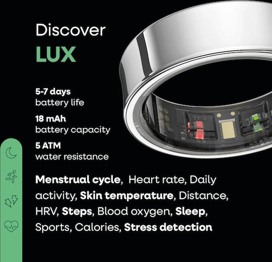 Nolatr Elite Lux Smart Ring 21.7mm with Heart Rate Monitor Silver