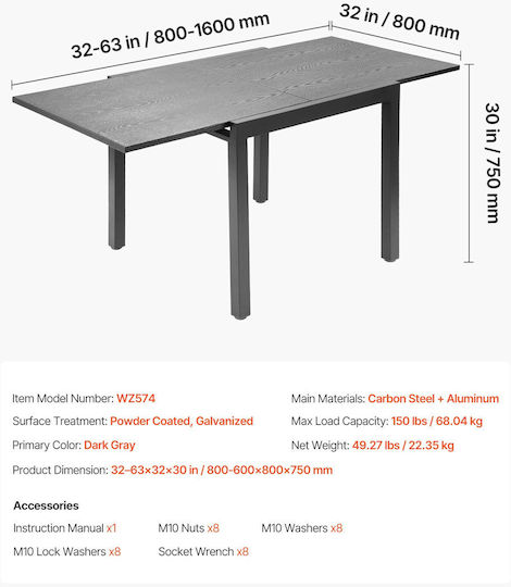 Outdoor Dinner Extendable Metal Table Dark Gray 80(+80)x80x75cm