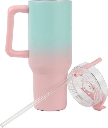 I-Total Handled Tumbler Θερμός Ανοξείδωτο 1.2lt Pink Green με Καλαμάκι και Λαβή