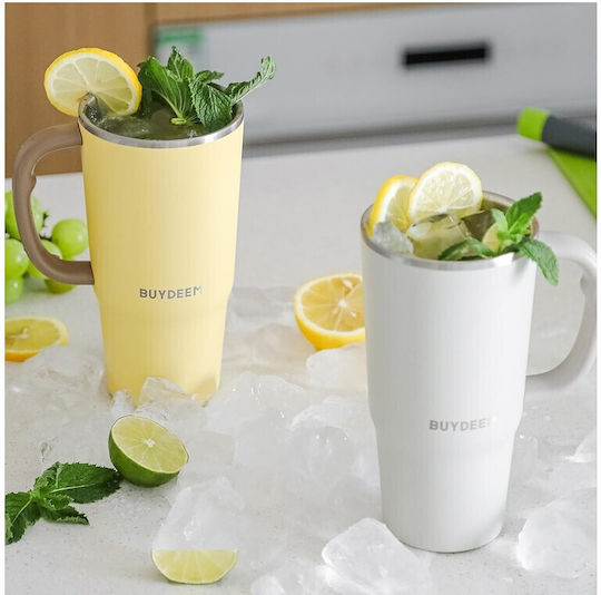 Buydeem Ποτήρι Θερμός Πλαστικό 700ml White με Καλαμάκι