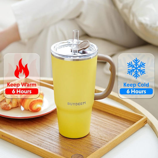 Buydeem Ποτήρι Θερμός Πλαστικό 700ml White με Καλαμάκι