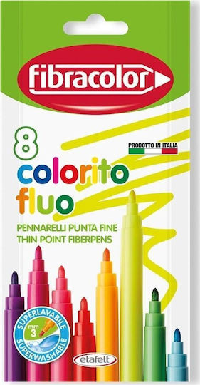 Fibracolor Colorito Fluo Μαρκαδόροι Ζωγραφικής 3mm Λεπτοί, Πλενόμενοι, Neon Σετ 8 χρώματα