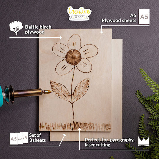 Creative Deco 3 X A5 Шперплат 3мм 148 X 210 X 3 мм Шперплатови Листове Ръчна Изработка Идеални за Пирография Лазерно Рязане Моделиране Фрезоване CNC Плотер Лобзик