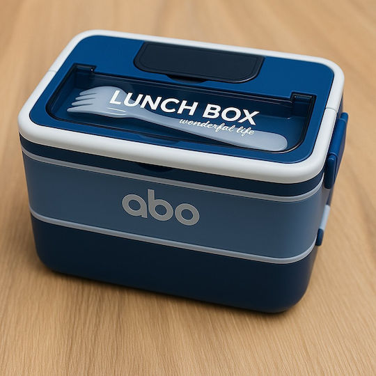 Abo Plastic Food Container 2 Levels Fork & Spoon Blue 313707