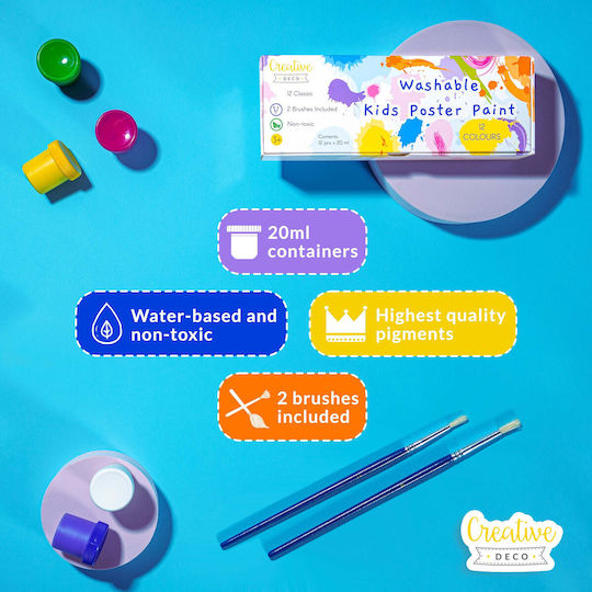 Creative Deco Plakatfarben Set 20 ml x 12 Farben Ungiftig Grundfarben Intensiv Ideal für Kinder Schüler Künstler Kunstliebhaber