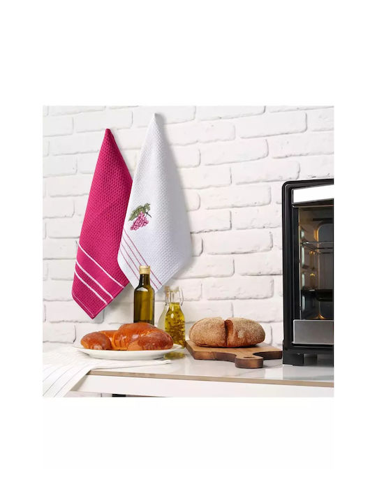 Set of 2 Embroidered Kitchen Towels White & Pink 40x60cm