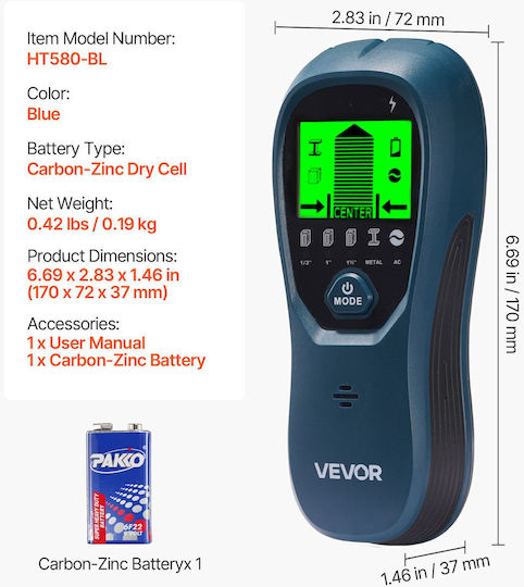 Vevor DPMTCQLS0000VZB7L001V9 Ανιχνευτής Καλωδίων, Μετάλλου & Σωλήνων