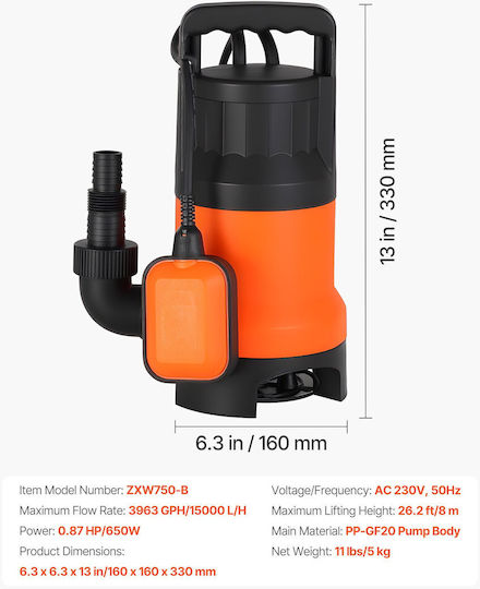 Vevor PP-GF20 Μονοφασική Αντλία Ομβρίων Υδάτων 0.86hp QSWNBSL780W1JR3HX001V2