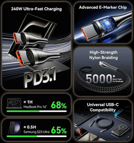Vention Vention USB 2.0 Cable USB-C Male - USB-C 240W PD Black 1.2m